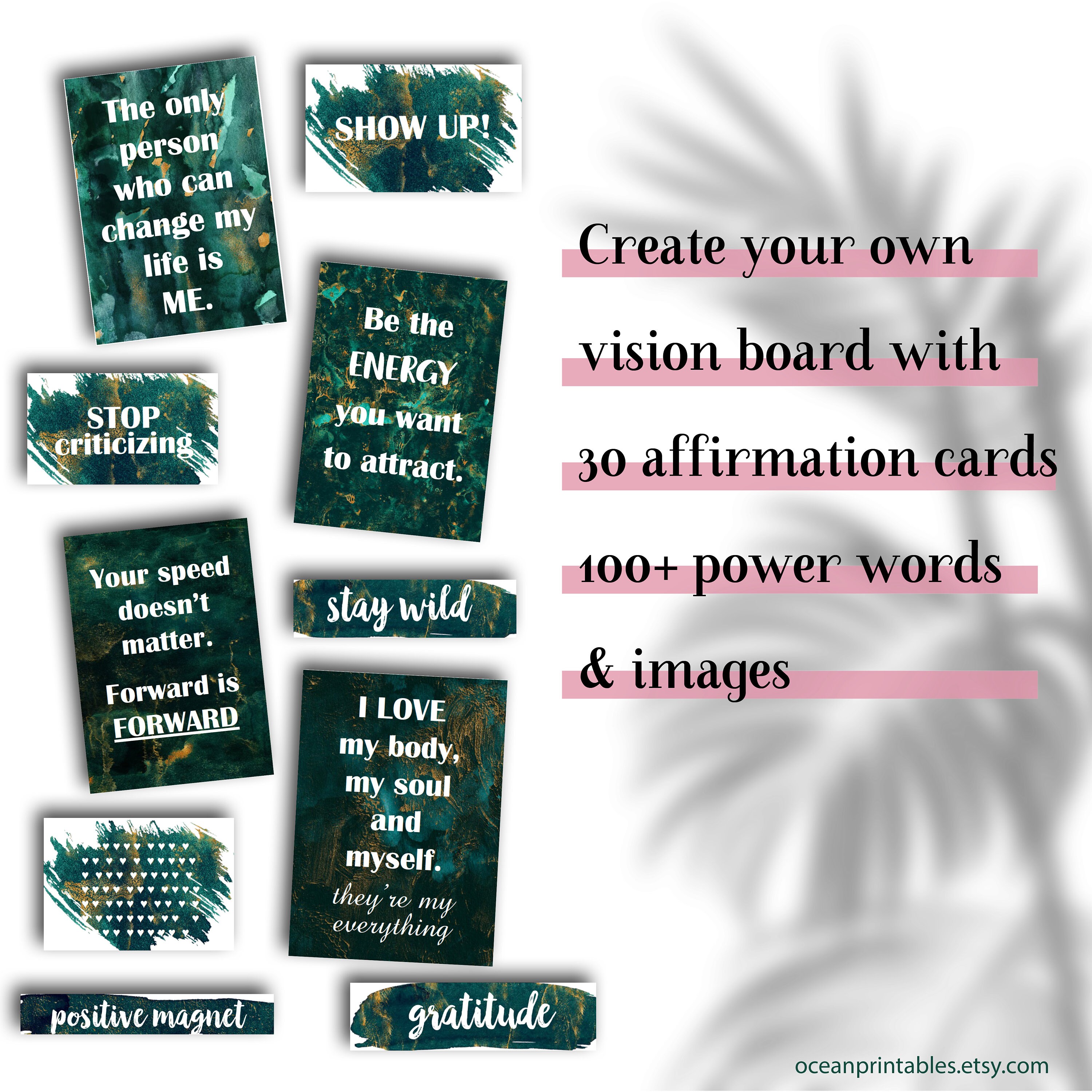 Vision Board Kit, Power Words Printable, Affirmation Quote Cards