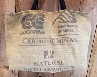 Recycled Coffee Bag Tote with Sailboat Blueprint Lining