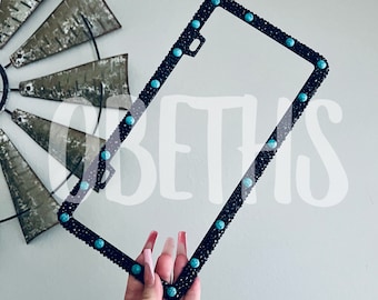 STUDDED Black Chunky Faux Turquoise License Plate Frame Bedazzled