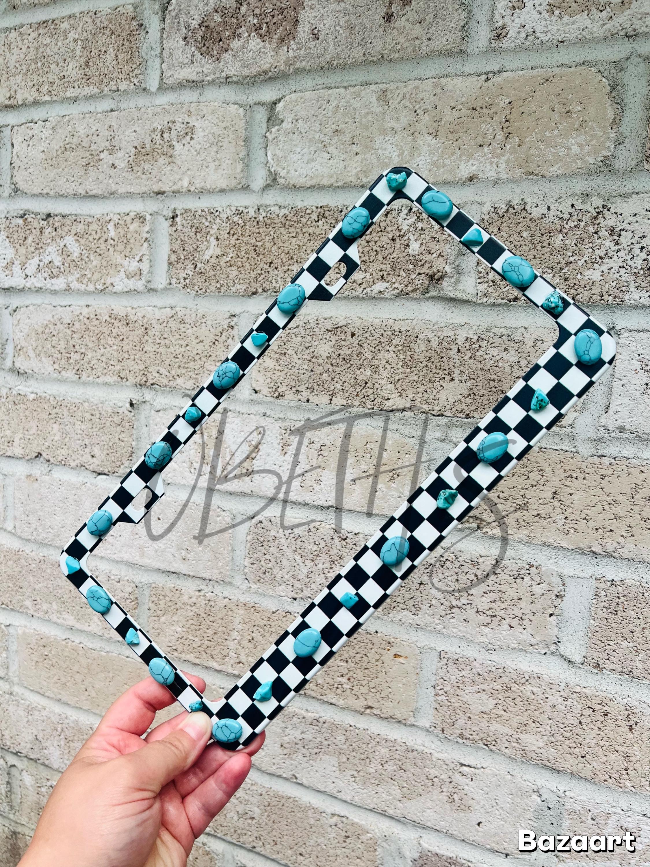 Punchy Checkered Cowboy Turquoise License Plate Frame No Bling