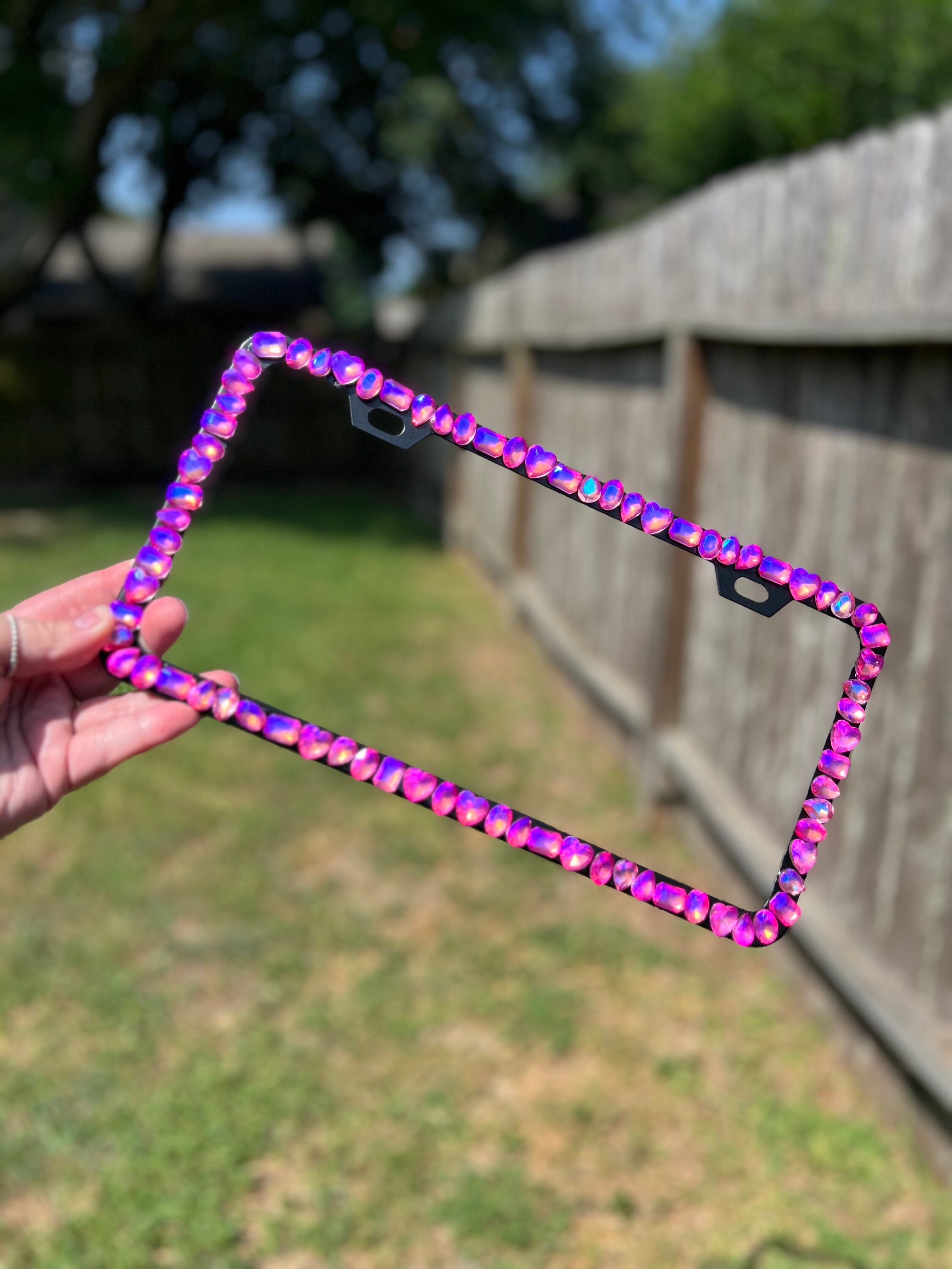 SUPER CHUNK  License Plate Frame Bedazzled Pink AB On Black