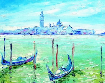 oil painting on cardboard Venice Italy landscape sea view from the shore Landscape Venice original Venice wall art cityscape with sea
