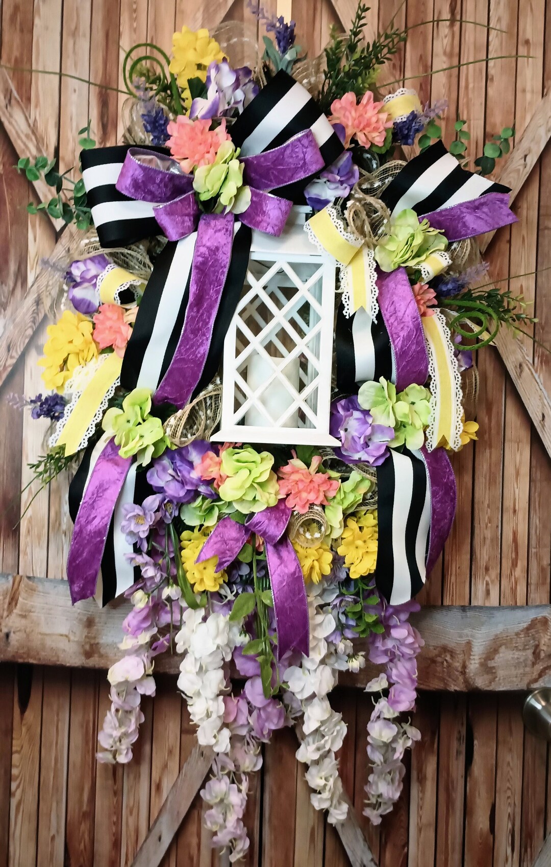 Lighted Lantern Wreath, Spring Wreath, Summer Wreath, Floral Wreath