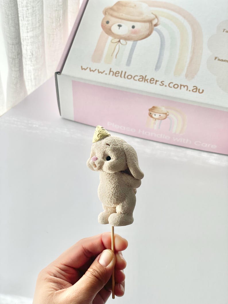 May include: A beige, textured bunny figurine on a wooden stick, wearing a small gold party hat with a polka dot pattern. The bunny has long ears, a pink nose, and a rounded body. In the background, a white box displays a rainbow and bear graphic with the text www.hellocakers.com.au.