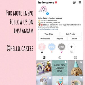 May include: Instagram post for Hello Cakers, a business that makes fondant cake toppers. The post features a rainbow-colored cake topper with a variety of animals, including a fox, a bear, and an elephant. The post also includes a call to action to follow the business on Instagram. The text on the post reads "FOR MORE INSPO FOLLOW US ON INSTAGRAM @HELLO.CAKERS".