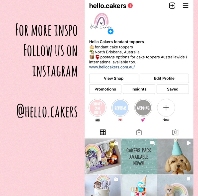 May include: Instagram post for Hello Cakers, a business that makes fondant cake toppers. The post features a rainbow-colored cake topper with a variety of animals, including a fox, a bear, and an elephant. The post also includes a call to action to follow the business on Instagram. The text on the post reads "FOR MORE INSPO FOLLOW US ON INSTAGRAM @HELLO.CAKERS".