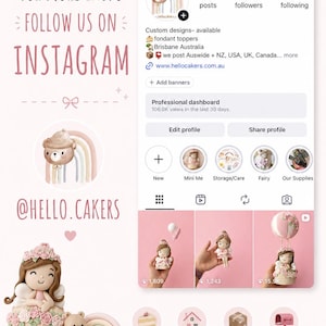 May include: A digital promotional graphic for HelloCakers featuring an Instagram profile interface with 47.4K followers, alongside images of fondant fairy and bear cake toppers, pastel rainbow accents, and text promoting their social media handle.