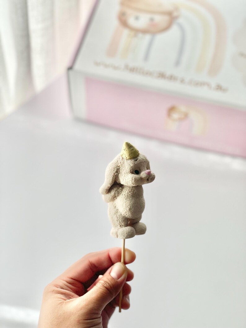 May include: A beige, textured, rabbit-shaped cake topper featuring a small, gold-colored party hat on its head. The rabbit is attached to a thin, wooden stick, and it has a rounded body, long ears, and a small pink nose detail.
