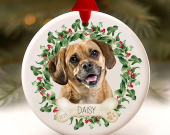 Puggle Christmas Ornament, Personalized Pet Portrait Photo Keepsake