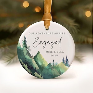 Mountain Engagement Ornament, Engaged Christmas Ornaments, Camping Engagement Gift for Hiking Couple, Our Adventure Awaits 2025