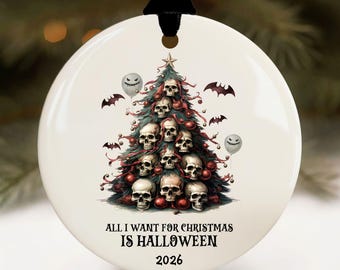 Horror Christmas Ornament, Creepy Skull Goth Xmas Scary Halloween Tree Decoration