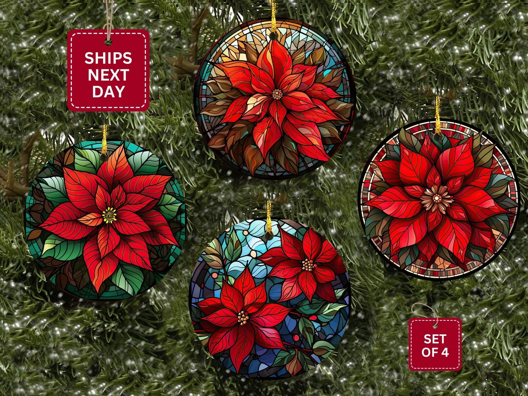 Poinsettia Ornaments Sets Christmas Ornament Set of 4 2023 Xmas