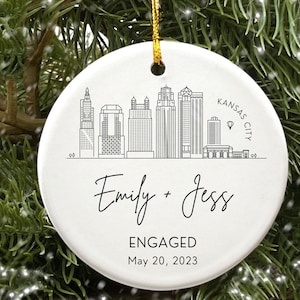 Engagement Ornament Personalized City Skyline Just Engaged Gift, Cities Christmas Ornaments 1st Xmas Engaged Couples Ornament Gay Engagement image 10