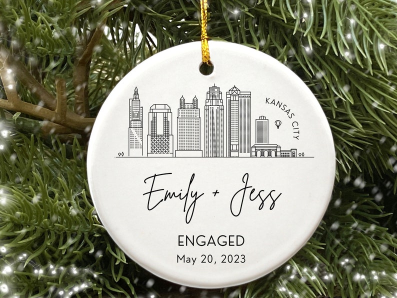 Engagement Ornament Personalized City Skyline Just Engaged Gift, Cities Christmas Ornaments 1st Xmas Engaged Couples Ornament Gay Engagement image 10