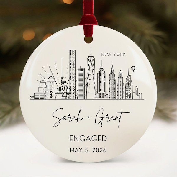 Engagement Ornament Personalized City Skyline Just Engaged Gift, Cities Christmas Ornaments 1st Xmas Engaged Gay Couples