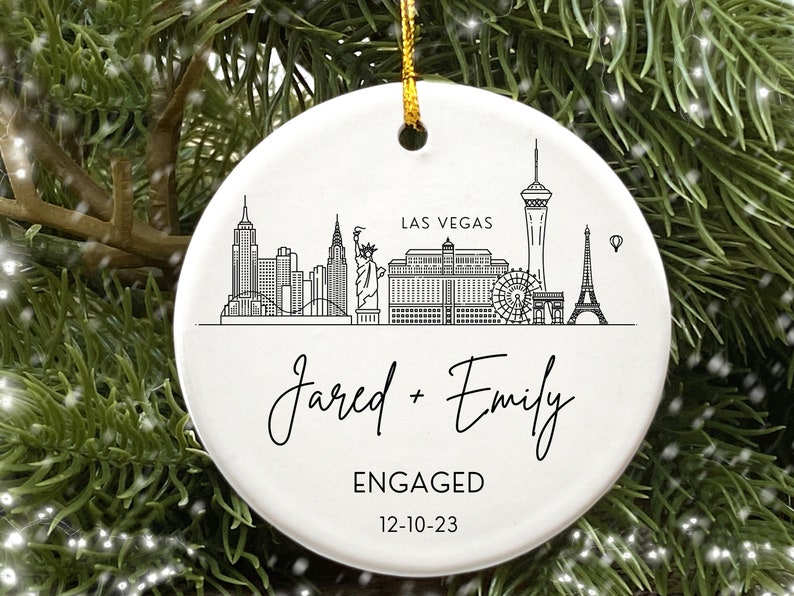 Engagement Ornament Personalized City Skyline Just Engaged Gift, Cities Christmas Ornaments 1st Xmas Engaged Couples Ornament Gay Engagement image 9