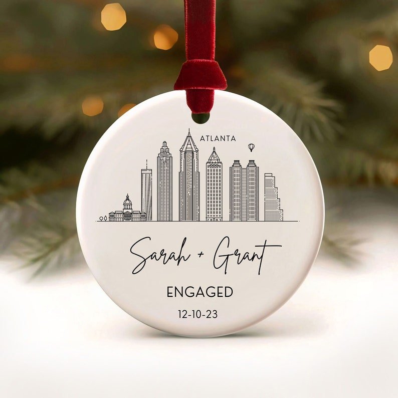 Engagement Ornament Personalized City Skyline Just Engaged Gift, Cities Christmas Ornaments 1st Xmas Engaged Couples Ornament Gay Engagement image 1