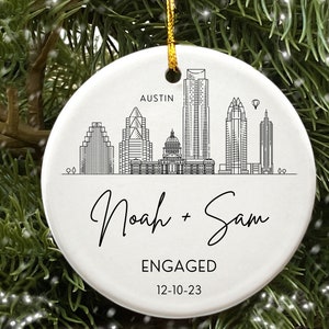 Engagement Ornament Personalized City Skyline Just Engaged Gift, Cities Christmas Ornaments 1st Xmas Engaged Couples Ornament Gay Engagement image 5