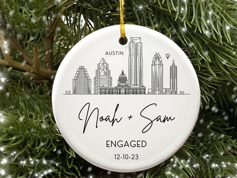 Engagement Ornament Personalized City Skyline Just Engaged Gift, Cities Christmas Ornaments 1st Xmas Engaged Couples Ornament Gay Engagement image 5