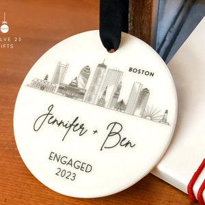 Engagement Ornament Personalized City Skyline Just Engaged Gift, Cities Christmas Ornaments 1st Xmas Engaged Couples Ornament Gay Engagement image 2