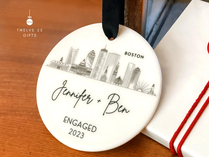 Engagement Ornament Personalized City Skyline Just Engaged Gift, Cities Christmas Ornaments 1st Xmas Engaged Couples Ornament Gay Engagement image 2