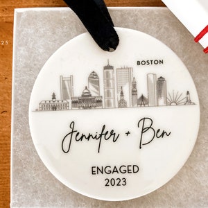Engagement Ornament Personalized City Skyline Just Engaged Gift, Cities Christmas Ornaments 1st Xmas Engaged Couples Ornament Gay Engagement image 3