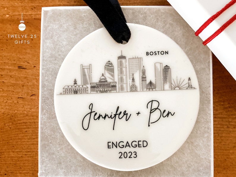 Engagement Ornament Personalized City Skyline Just Engaged Gift, Cities Christmas Ornaments 1st Xmas Engaged Couples Ornament Gay Engagement image 3