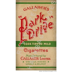 May include: Vintage advertisement for "Gallaher's Dark Drive" cigarettes. The design features a tan background with green and red text. The text includes "Dark Drive" in a stylized font, "Cork Tipped Mild," and the manufacturer's name and location.