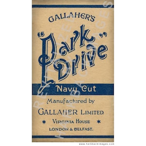 May include: Vintage advertisement for Gallaher's Dark Drive Navy Cut tobacco. The rectangular design features navy blue text on a tan background. The text includes the brand name, product description, and manufacturer's details, with star accents.