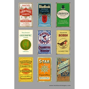 May include: A collection of vintage cigarette boxes with various designs and text. The boxes feature brands like "Gold Flake," "BlueBook," "Craven," and "Star." The designs include illustrations, logos, and text in various colors.