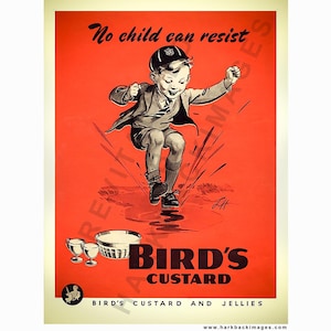 May include: Vintage advertisement for Bird's Custard. A young boy in a school uniform jumps in a puddle, with the text "No child can resist" above him. The Bird's Custard logo and product name are displayed below.