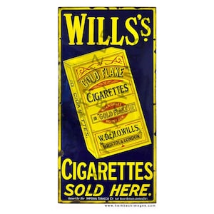 May include: Vintage advertisement for Wills's Gold Flake Cigarettes. The sign features a yellow pack of cigarettes against a dark blue background. Text includes "Cigarettes Sold Here" and the brand name.