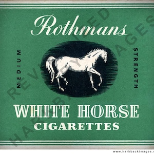 May include: Vintage cigarette box with a green background. The box features the text "Rothmans" in white script at the top, and "White Horse Cigarettes" in a bold font. A white horse is in the center, inside a black oval.