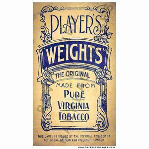 May include: Vintage Players Weights tobacco label. The label features ornate blue text and floral accents on a beige background. Text includes "Players Weights", "The Original", and "Pure Virginia Tobacco".
