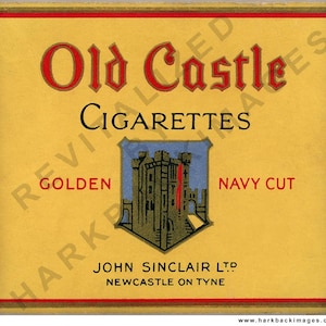 May include: Vintage cigarette box with a yellow background and red and black text. The text reads "Old Castle Cigarettes" with a castle illustration. The words "Golden" and "Navy Cut" are also present. The box is from John Sinclair Ltd, Newcastle on Tyne.