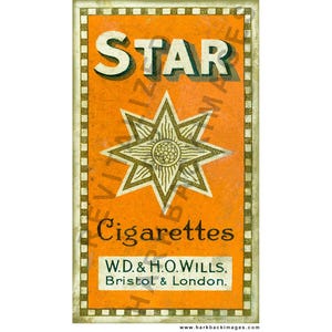 May include: Vintage Star Cigarettes advertisement. The orange background features a star design and text that reads "STAR Cigarettes" and "W.D. & H.O. WILLS, Bristol & London." The border is a decorative pattern.