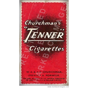 May include: A vintage pack of "Churchman's Tenner" cigarettes. The pack is predominantly red with a textured appearance. The brand name and product details are printed in white, with the text "TENNER" in a bold, stylized font. The bottom of the pack includes the manufacturer's details.