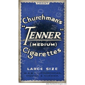 May include: Vintage blue and white Churchman's Tenner Cigarettes pack. The pack features the text "Churchman's Tenner (Medium) Cigarettes" in white, with "LARGE SIZE" at the bottom. The pack has a scalloped border and the text "FRONT" at the top.