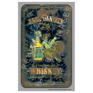 May include: Vintage Jack Daniel's Old No. 7 Tennessee Whiskey tin sign. The rectangular sign features a bottle of whiskey, wheat, and corn graphics. The sign has a distressed, aged appearance with a dark blue background and rust-colored accents.