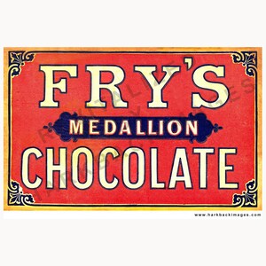 May include: Vintage Fry's Medallion Chocolate sign. The rectangular sign features a red background with the words "FRY'S MEDALLION CHOCOLATE" in white, outlined in black. The sign has a gold border and decorative corner elements.