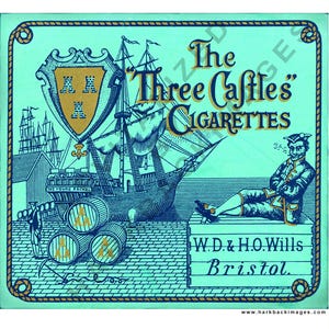 May include: Vintage advertisement for "The Three Castles Cigarettes" featuring a detailed illustration. The image includes a sailing ship, barrels, a shield, and a man smoking a pipe. The text "W.D. & H.O. Wills Bristol" is also visible.