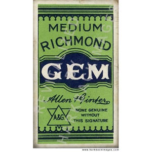 May include: Vintage green and blue Richmond Gem tobacco label. The label features the words "MEDIUM RICHMOND GEM" in a stylized font. The text "Allen & Ginter" and "A&G" are also visible.