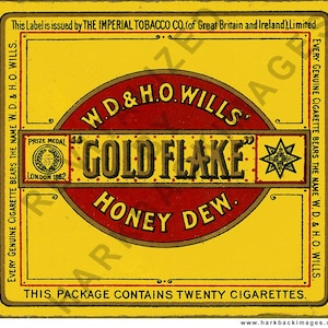 May include: Vintage Gold Flake Honey Dew cigarette package label. The label is yellow with red and gold text. The text includes "W.D. & H.O. Wills", "Gold Flake", and "Honey Dew". The label also states "This package contains twenty cigarettes."