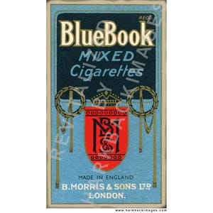 May include: Vintage BlueBook cigarette box with a blue background and gold lettering. The box features the text "BlueBook Mixed Cigarettes" and a red crest with the initials "B.M." and a crown. The box is marked "Made in England."