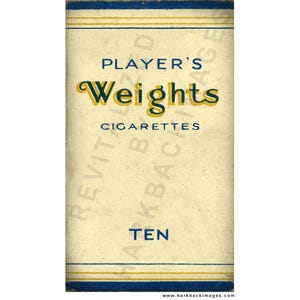 May include: Vintage cigarette pack with a cream-colored background. The text "PLAYER'S Weights CIGARETTES TEN" is displayed in a combination of blue and yellow fonts. The design includes blue and yellow horizontal lines at the top and bottom.
