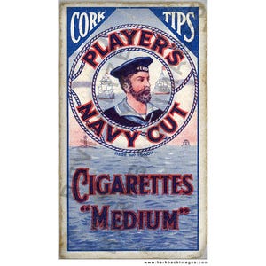 May include: Vintage Players Navy Cut Cigarettes box. The box features a portrait of a sailor in a navy uniform, surrounded by text that reads "Players Navy Cut" and "Cigarettes Medium". The background is a blue and white nautical scene.