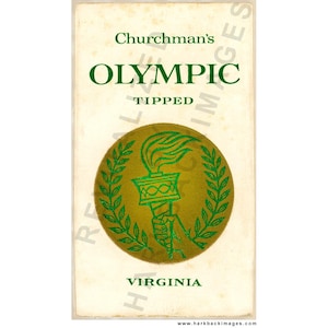 May include: Vintage Churchman's Olympic Tipped cigarette pack. The pack features green text and a gold and green emblem of a torch within a laurel wreath. The word "VIRGINIA" is printed at the bottom of the pack.