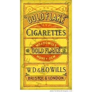 May include: Vintage advertisement for Gold Flake Cigarettes. The yellow and red design features the brand name in bold lettering, along with the text "Cigarettes", "Honey Dew", and the names "W.D. & H.O. Wills" and "Bristol & London".
