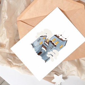 Cartões de Natal, Cartões Digitais, Downloads de PDF, Cartão de Feliz Natal, Cartão de Temporada de Inverno, Ilustração digital exclusiva, casa de inverno