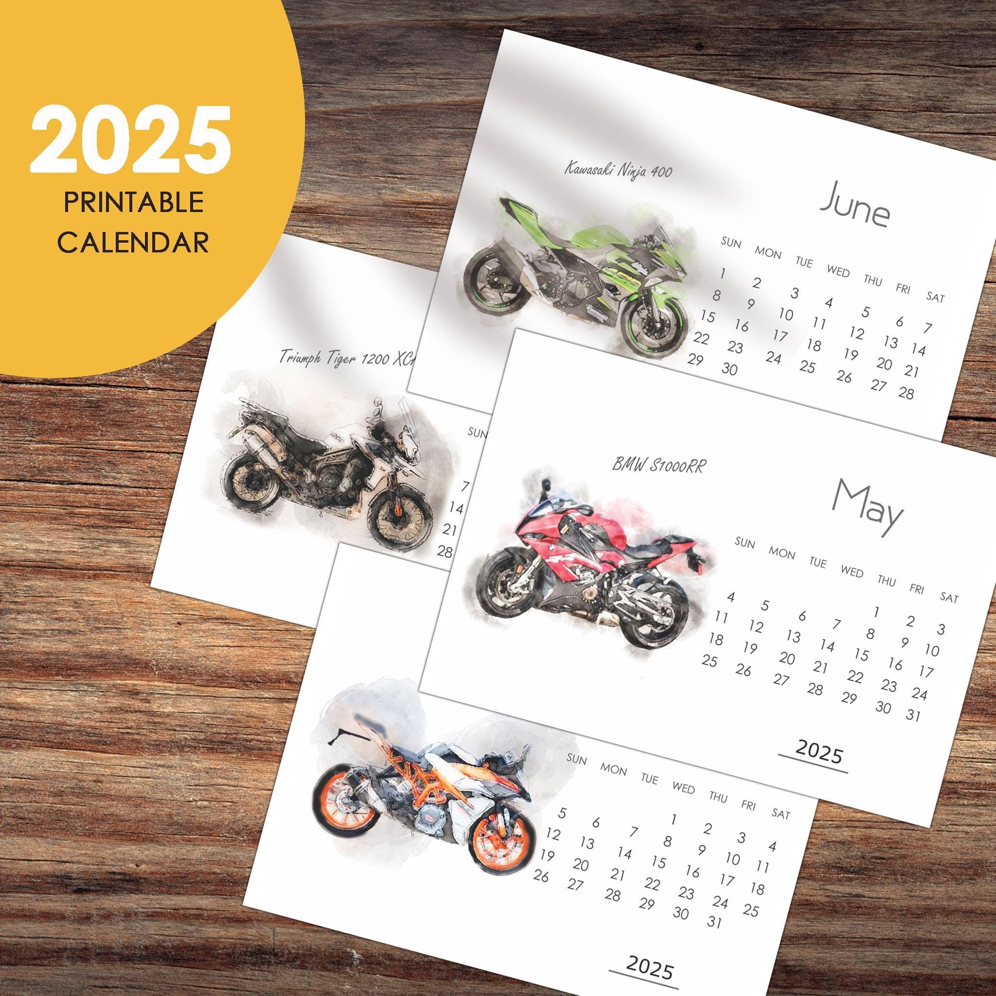 Motorcycle Printable Calendar 2025 Motorbike A6 Monthly Planner